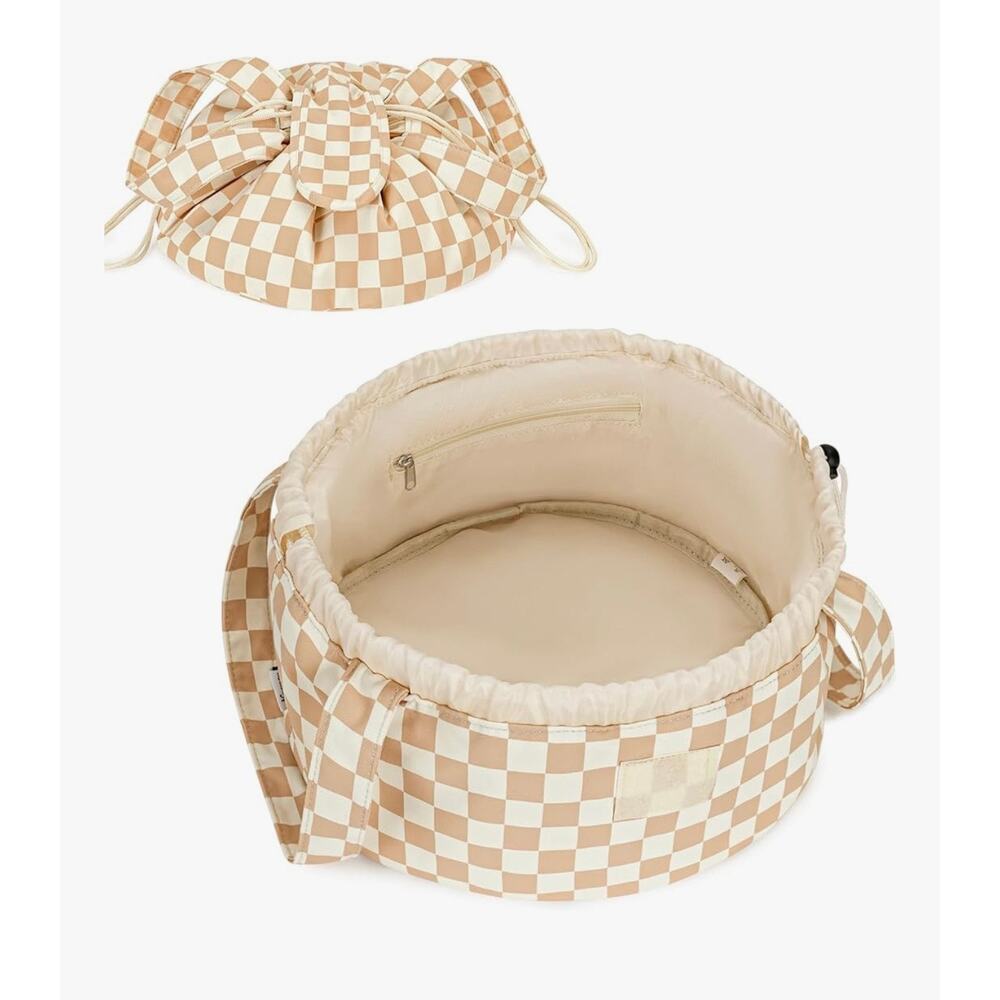 Narwey Dusty Pink Checkered Drawstring Makeup Bag Travel Cosmetic Organizer